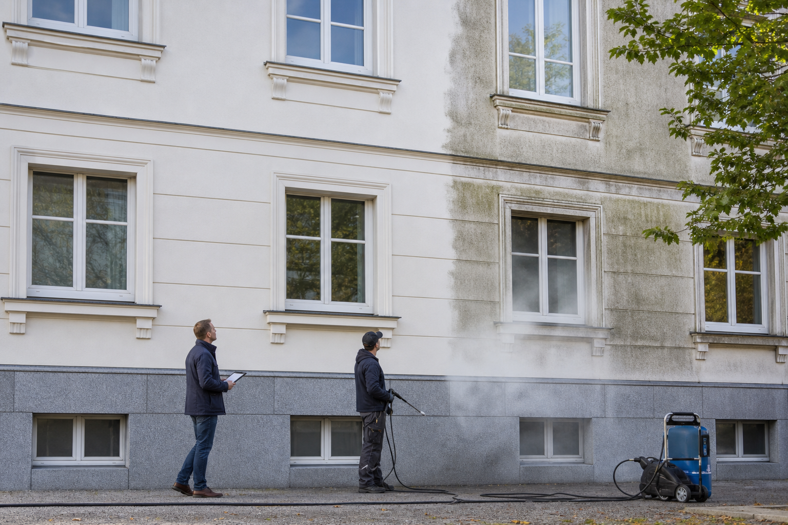 Fassadenreinigung mit Trockeneis an einem Wohngebäude mit sichtbarem Vorher-nachher-Effekt