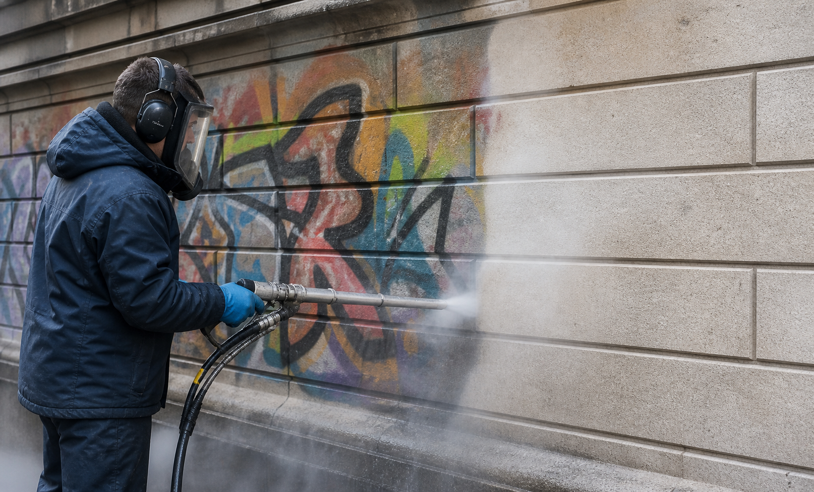 Graffiti wird mit Trockeneisstrahlen von einer Steinwand entfernt