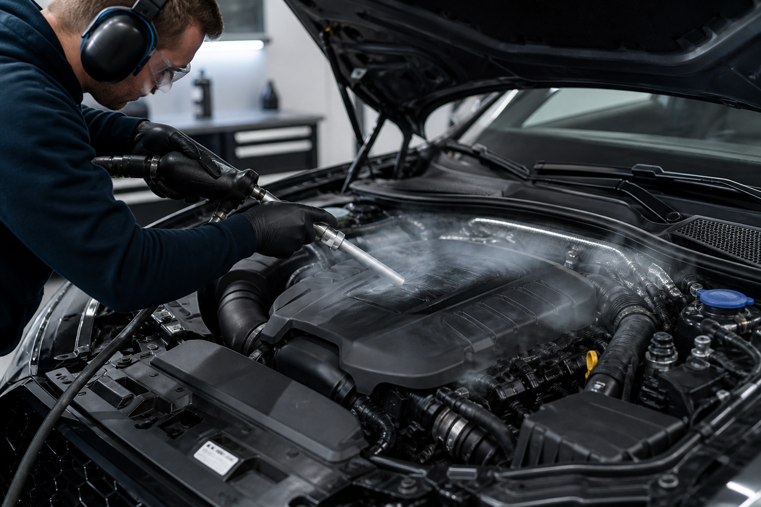 Motorwäsche mit Trockeneis: CO2-Strahl reinigt einen Motorblock ohne Wasser und Chemie