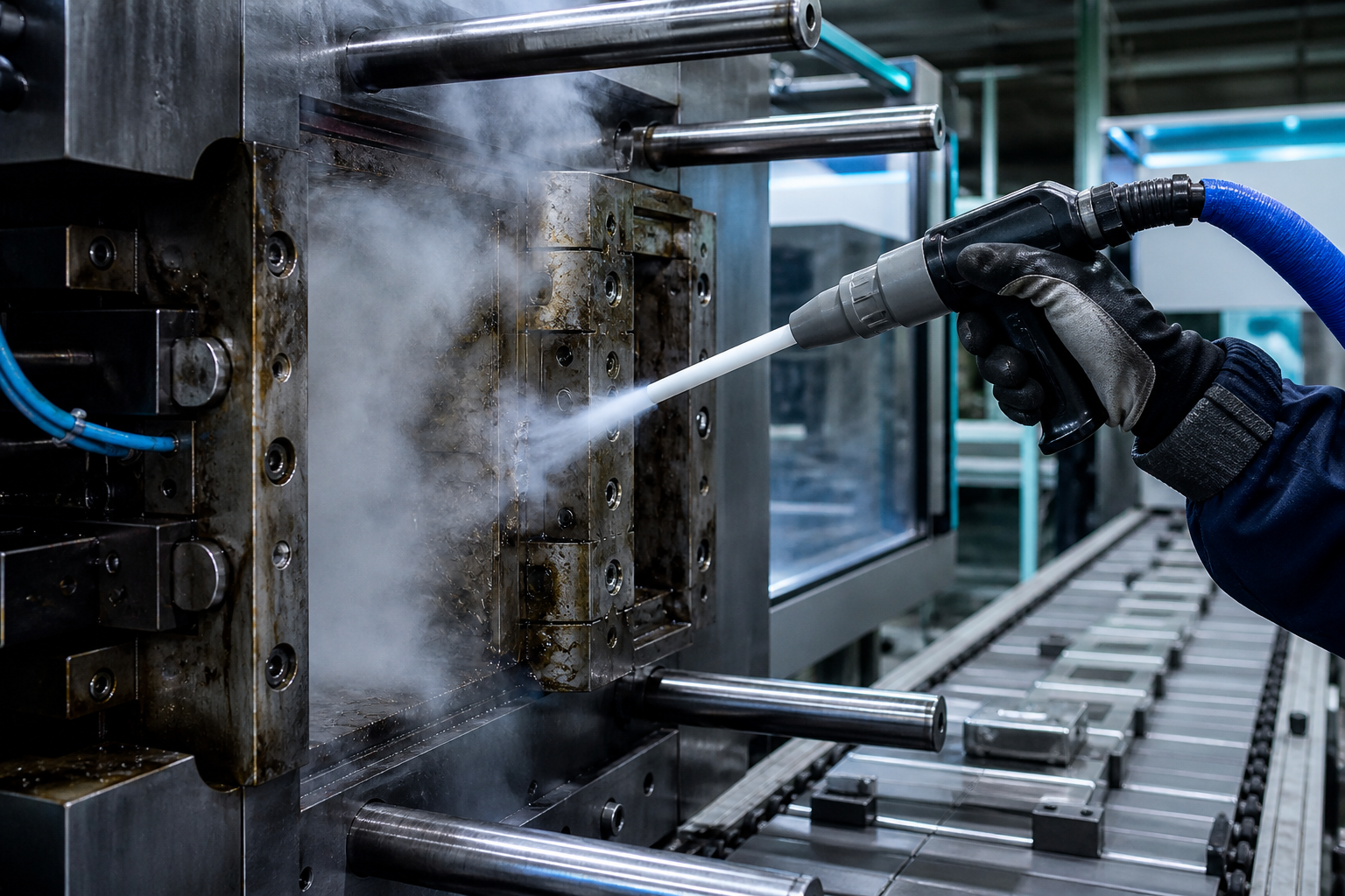 Industrielle Maschine wird im eingebauten Zustand mit Trockeneisstrahlen gereinigt