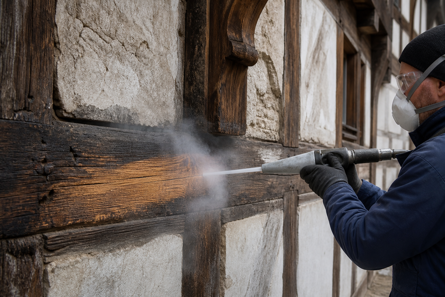 Restaurator reinigt historisches Fachwerkholz mit Trockeneisstrahlen und feinem CO2-Nebel