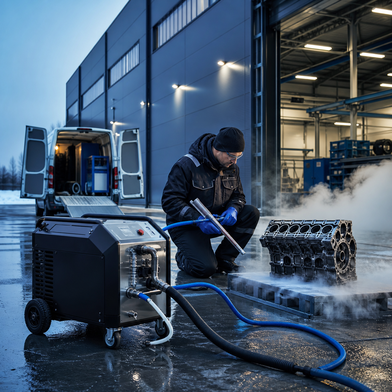 Mobile Trockeneisreinigung vor einer Industriehalle