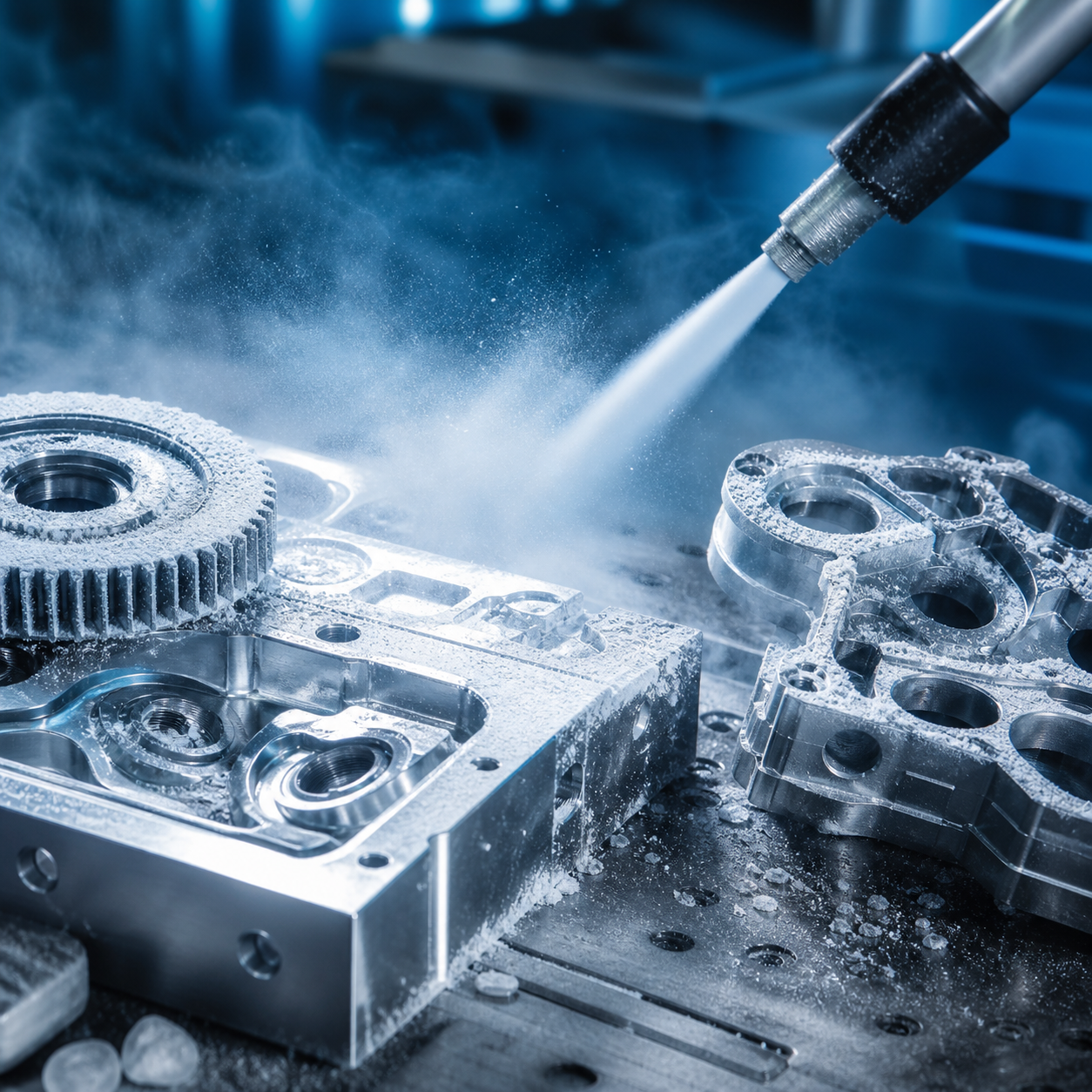 Trockeneisstrahl auf praezise Metallteile